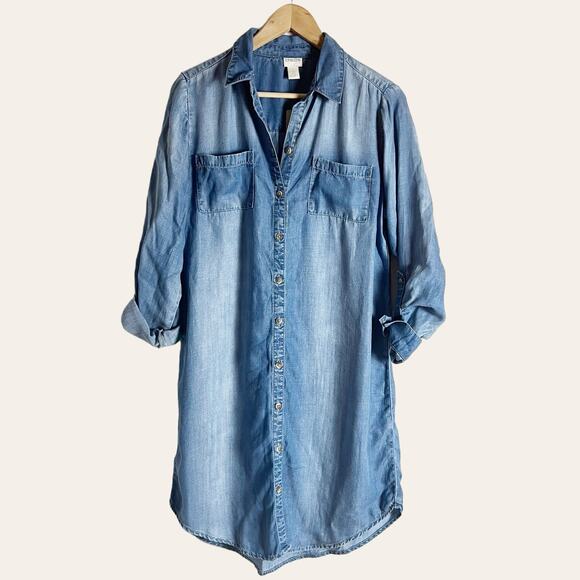 Chico’s Long Denim Button Front Light Wash Shirt Mini Dress Size 8 - Picture 4 of 12